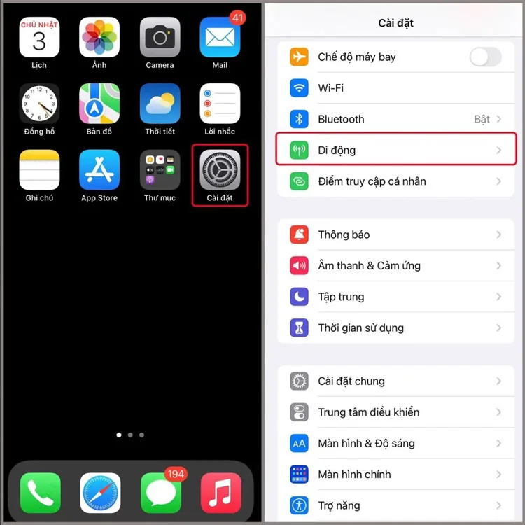 Ở mục Cài đặt trên điện thoại, sau đó chọn mục Di Động
