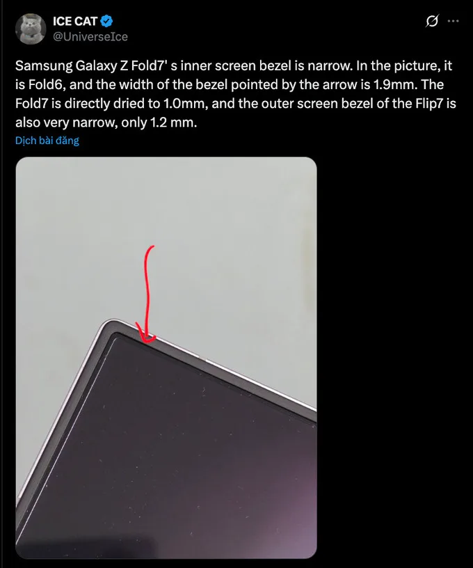 Kích thước viền màn hình của Galaxy Z Fold 7