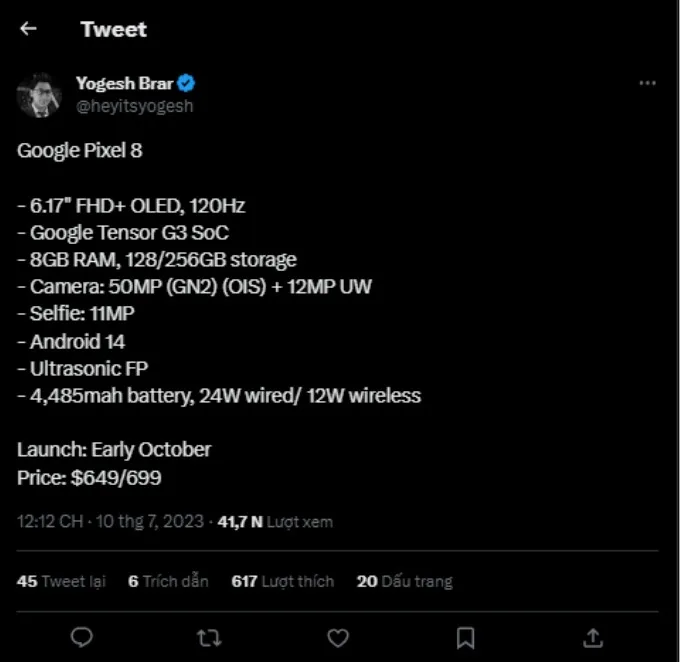 Tin tức rò rỉ của Google Pixel 8