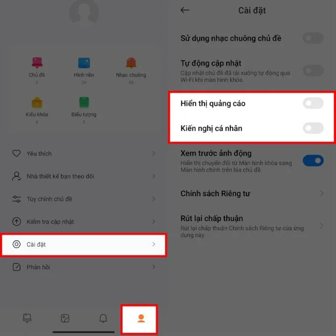 Tắt quảng cáo trong mục Chủ đề