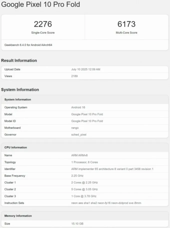 Google Pixel 10 Pro Fold xuất hiện trên Geekbench, hé lộ thông số kỹ thuật