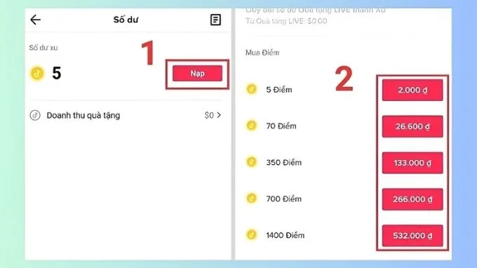 Chọn số xu cần nạp lên TikTok