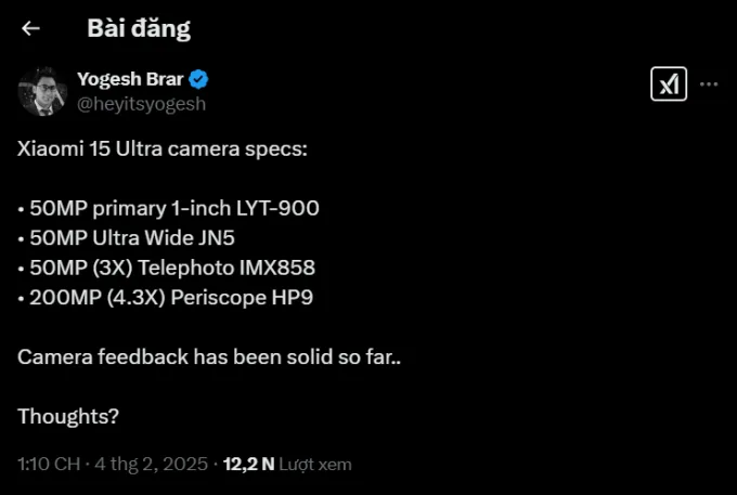 Xiaomi 15 Ultra rò rỉ thông số camera