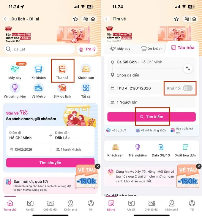 Cách đặt vé tàu tết online trên điện thoại qua ứng dụng Momo bước 1