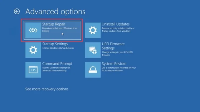Chọn Startup Repair để Windows tự động kiểm tra