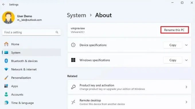 Thay đổi tên máy tính Win 11 bằng Settings