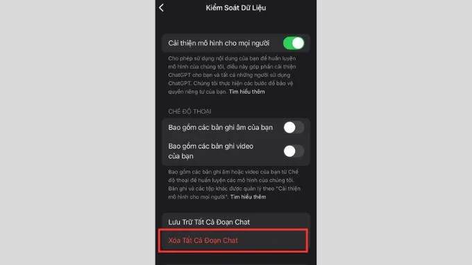 Chọn xóa tất cả đoạn chat