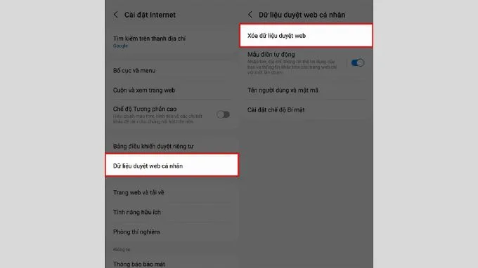 Xóa bộ nhớ đệm trong trình duyệt Internet trên Samsung