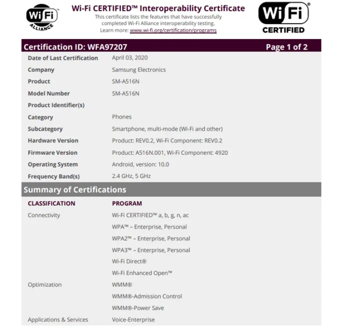 Samsung Galaxy A51 5G đạt chứng nhận Wi-Fi Alliance 