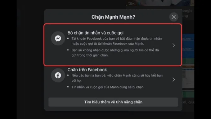 Bước 3 bỏ chặn Messenger trên máy tính