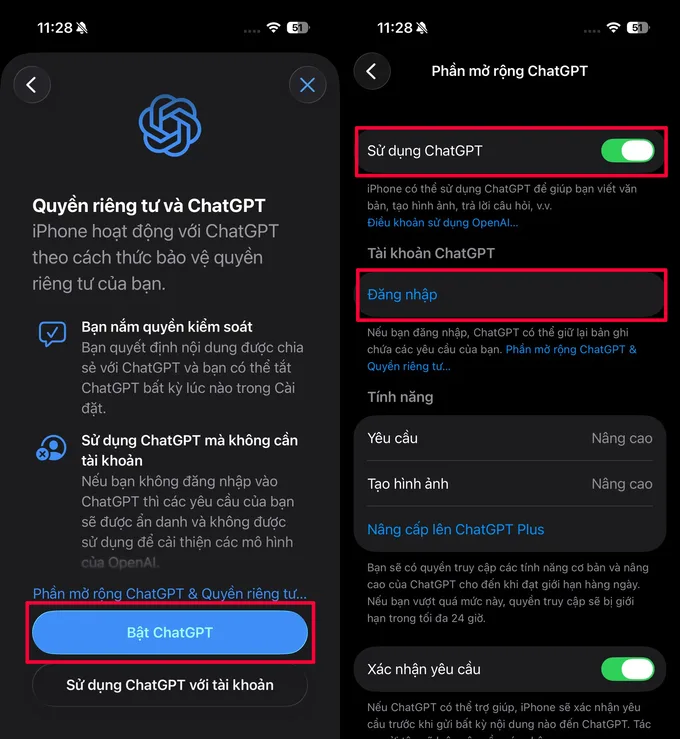 Nhấn vào mục Bật ChatGPT để có thể tích hợp ChatGPT vào Apple Intelligence trên iPhone