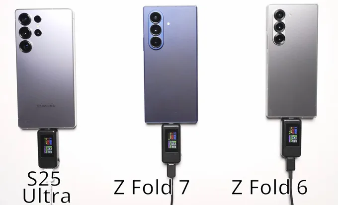 So sánh tốc độ sạc giữa Galaxy Z Fold 7, Z Fold 6 và S25 Ultra
