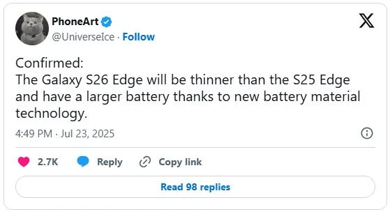 Galaxy S26 Edge: Mỏng hơn, pin lớn hơn nhờ công nghệ mới – Thách thức iPhone 17 Air?