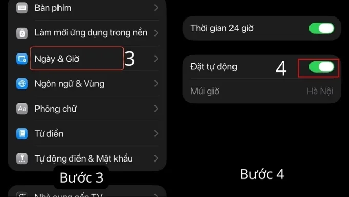 Bật tùy chọn Đặt tự động để hệ thống tự đồng bộ thời gian và múi giờ