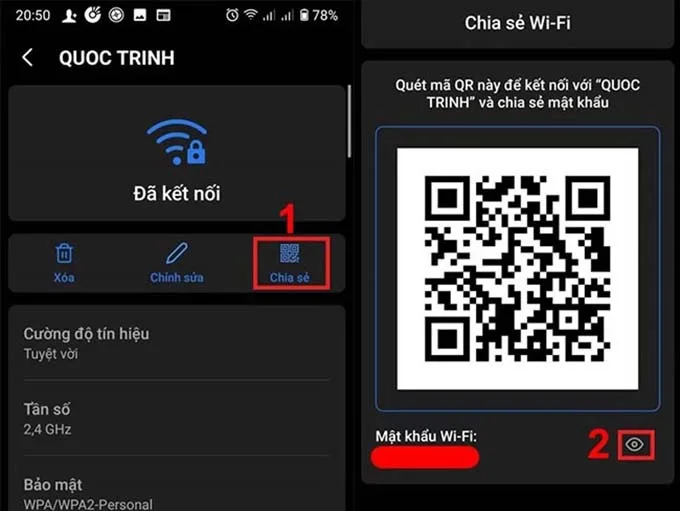 Nhấn chọn vào biểu tượng con mắt ở dưới mã QR để xem mật khẩu wifi trên điện thoại Android
