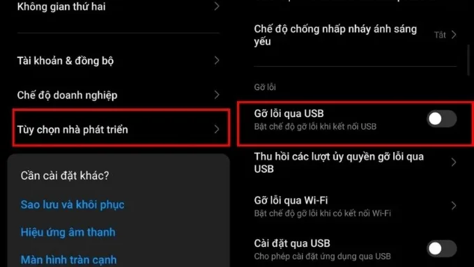 Tìm và kích hoạt mục “Gỡ lỗi USB” (USB Debugging)