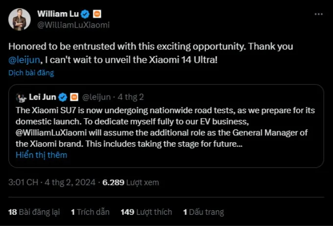 Bài đăng bổ nhiệm Willam Lu lên vị trí Tổng giám đốc Xiaomi