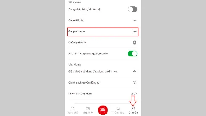 Bước 2 đổi passcode trên VNeID