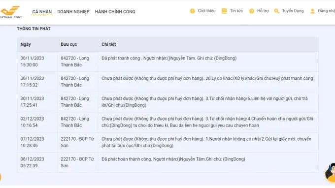 Hệ thống sẽ trả về kết quả chi tiết của quá trình vận chuyển đơn hàng 