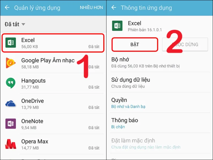 Chọn ứng dụng muốn hiển thị lại rồi nhấn Bật
