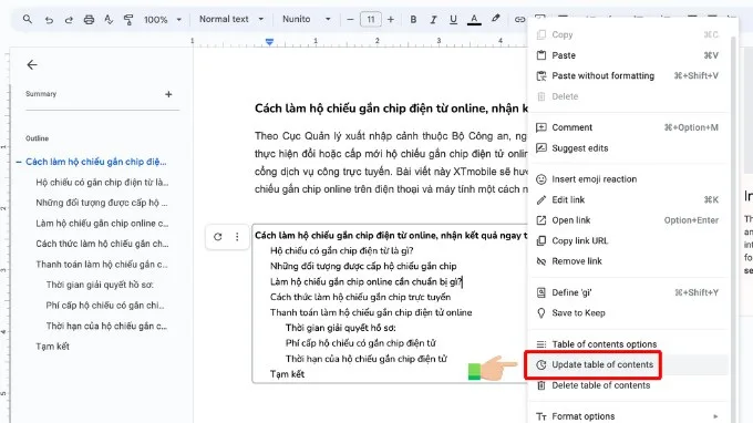 Cách 2 cập nhật bảng mục lục trên Google Docs