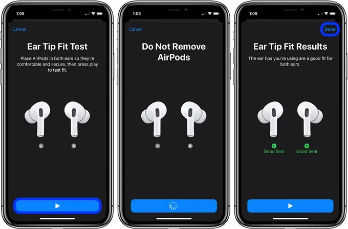 Kết quả độ vừa tai nghe (Ear Tip Fit Results) sẽ hiển thị bên dưới hình ảnh AirPod 