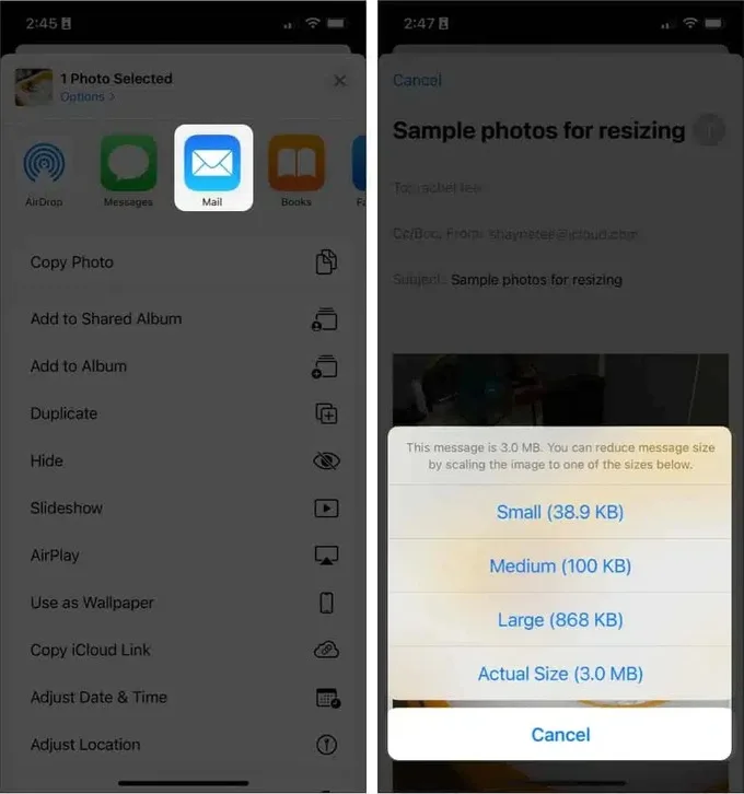 Dùng ứng dụng Mail là cách giảm dung lượng ảnh trên iPhone