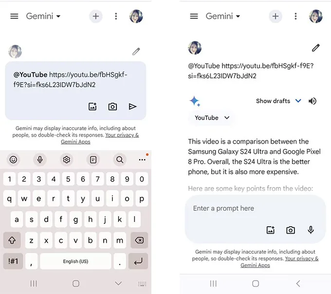 Yêu cầu Gemini phân tíc video trên YouTube