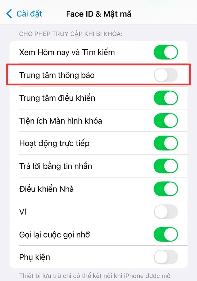 Tắt Trung tâm thông báo khi màn hình bị khóa
