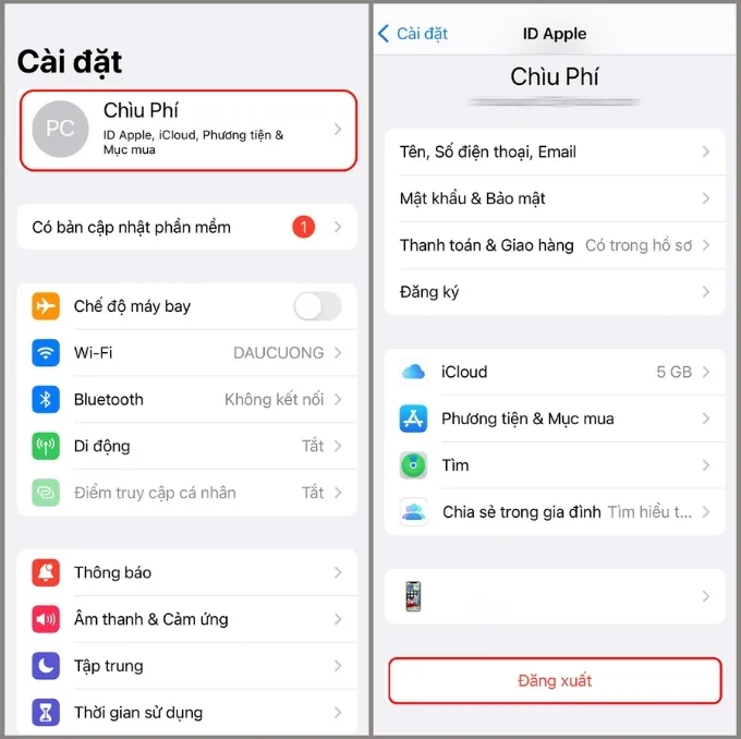 Đăng xuất iCloud trên thiết bị iPhone