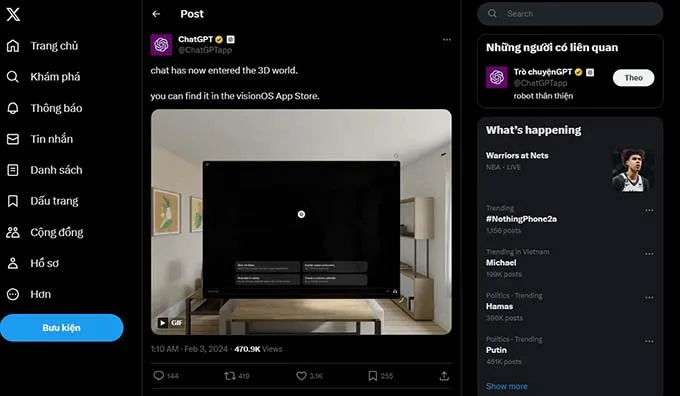 Ứng dụng ChatGPT mới của OpenAI hiện đã có sẵn trên Apple Vision Pro 