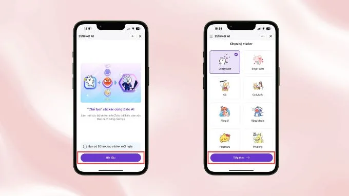 Nhấn vào lệnh Bắt đầu, chọn bộ sticker yêu thích rồi nhấn nút Tiếp tục