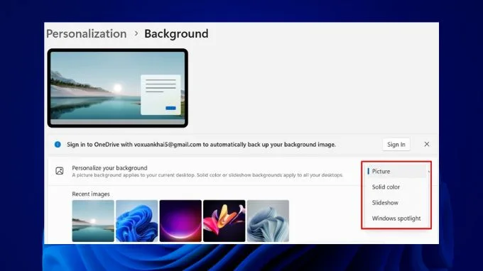 Trong mục Personalize your background có ba tùy chọn