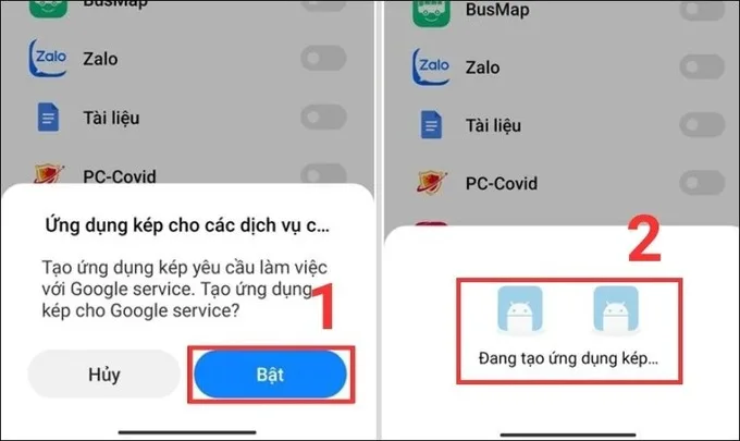 Sau đó bấm Tạo và chọn ứng dụng cần nhân đôi