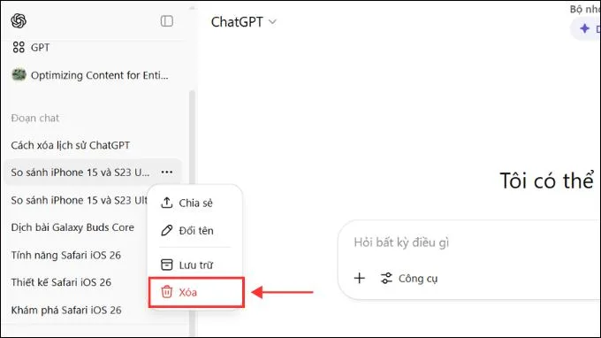 Cách xóa một đoạn chat trên ChatGPT