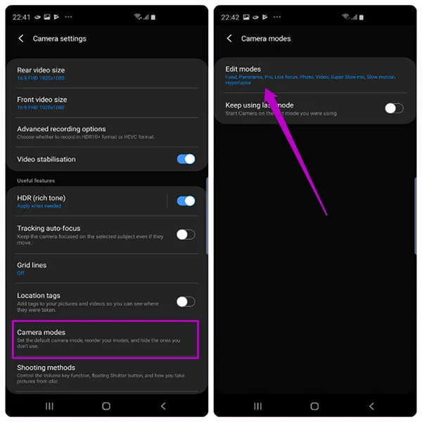 Trên camera Galaxy S10 bạn có thể sắp xếp thứ tự xuất hiện của các chế độ chụp tùy ý