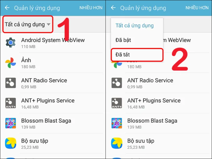Nhấn vào Tất cả ứng dụng rồi chọn Đã tắt
