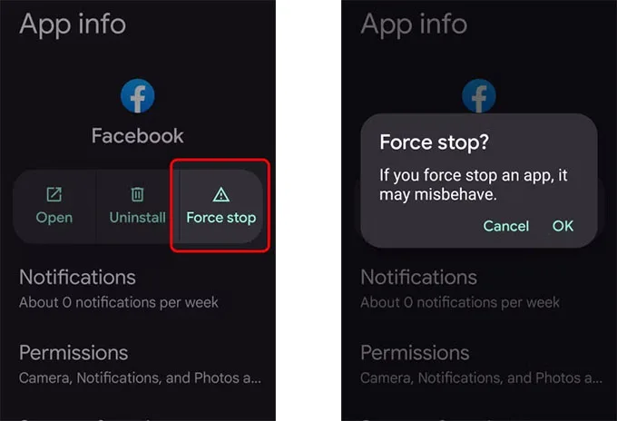Tắt và khởi động lại ứng dụng Facebook