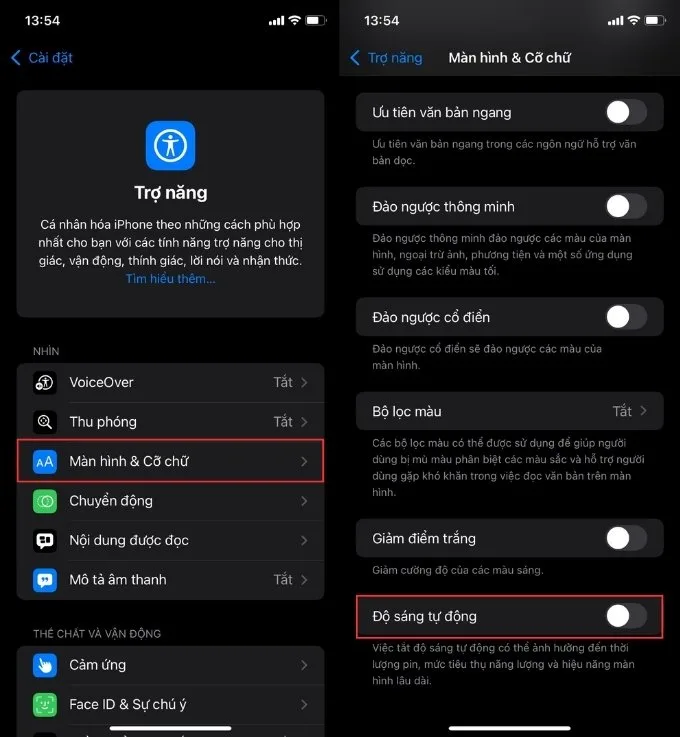 iPhone bật tính năng điều chỉnh sáng tự động