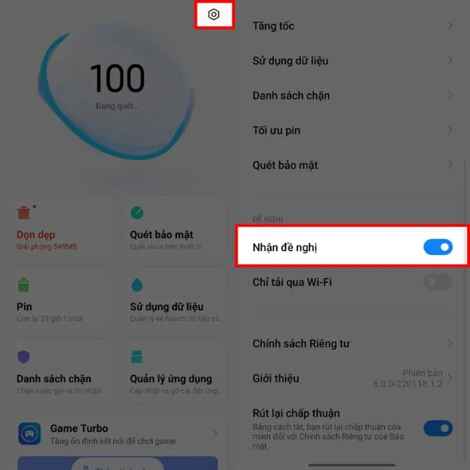 Tắt quảng cáo tại mục Bảo mật
