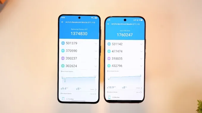 So sánh Galaxy A57 và Vivo V70 Elite về hiệu năng