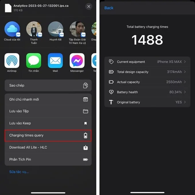 Kết quả kiểm tra số lần sạc trên iPhone