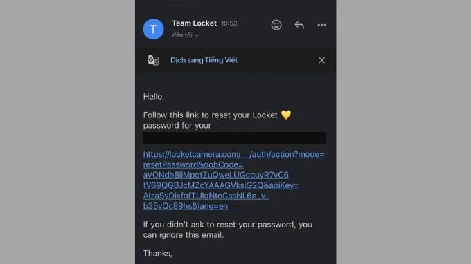 Nhấp vào đường link để thay đổi mật khẩu Locket trên iPhone