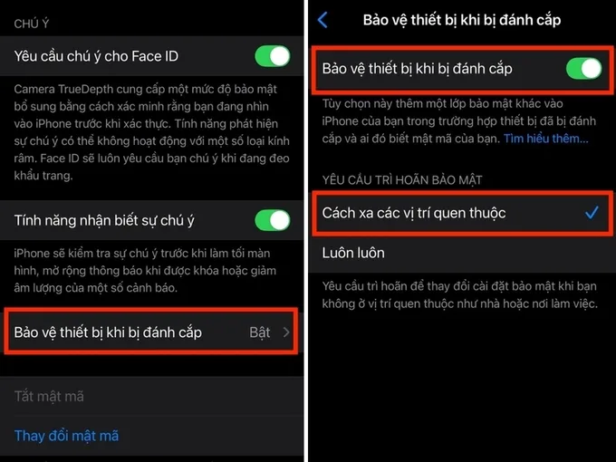 Kéo xuống phần dưới, tìm mục Bảo vệ thiết bị khi bị đánh cắp rồi nhấn Bật bảo vệ