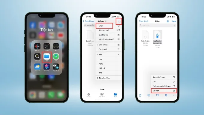 Nhấn vào nút Chọn, nhấn tiếp lệnh Giải nén files