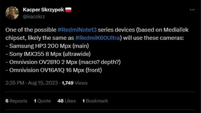 Tin đồn rò rỉ thông số kỹ thuật của Redmi Note 13