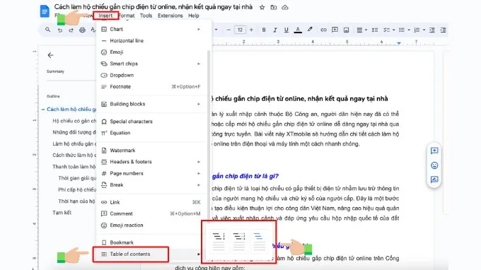 Bước 1 tạo bảng mục lục trên Google Docs