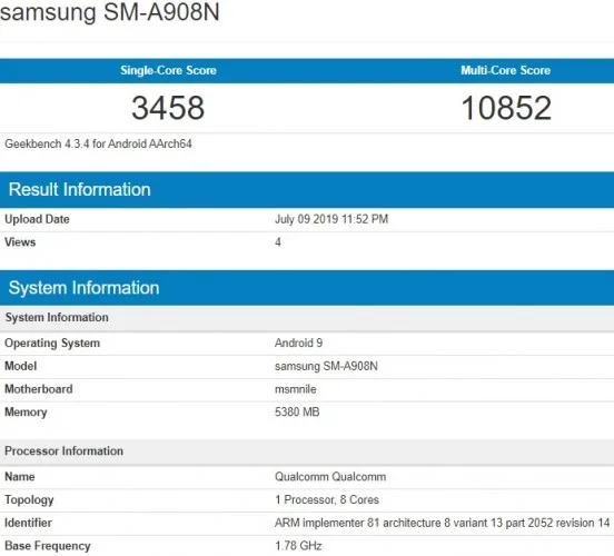 Galaxy A90 5G lộ cấu hình trên Geekbench với chip Snapdragon 855