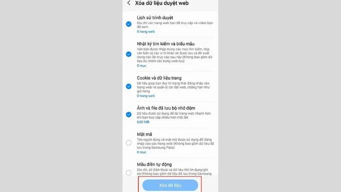 Xóa bộ nhớ đệm trong trình duyệt Internet trên Samsung