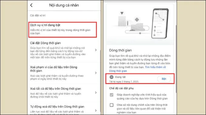 Quay lại mục Cài đặt Dòng thời gian và bật tính năng Kiểm tra vị trí